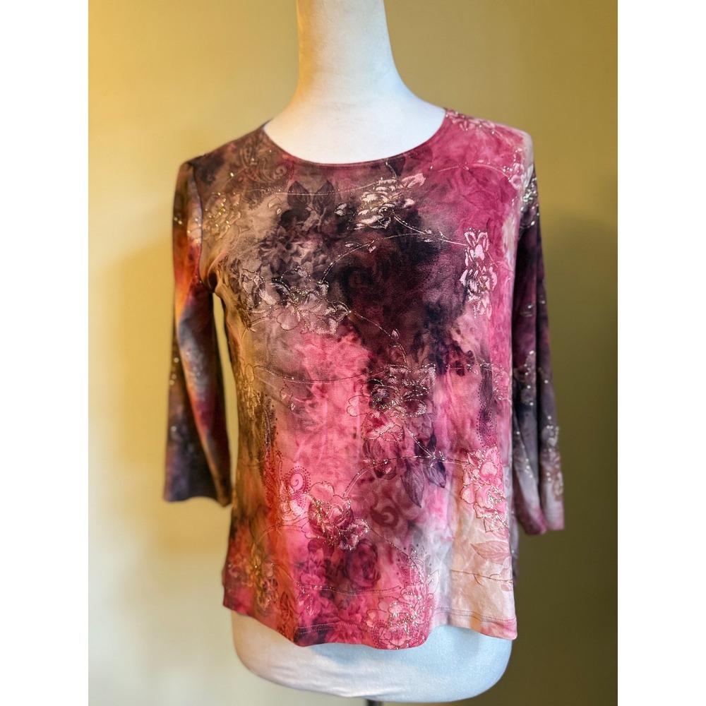 Brittany Black vintage‎ Pink Floral Glitter 3/4 Sleeve Top L fairy Y2K whimsigot